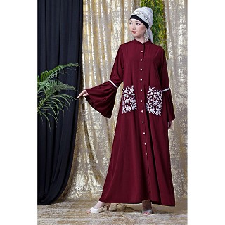 Front open embroidery abaya with Bell sleeves- Maroon